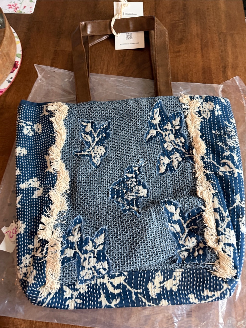 POL Blue Floral Fringe appliqué Tote Bag with Brown Handles
